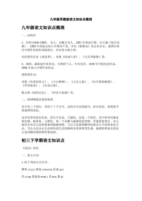 九年级苏教版语文知识点梳理