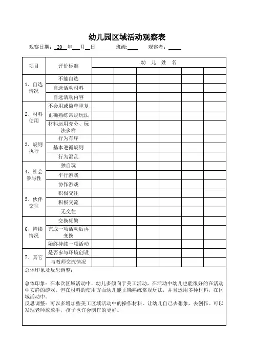 幼儿园区域活动观察表