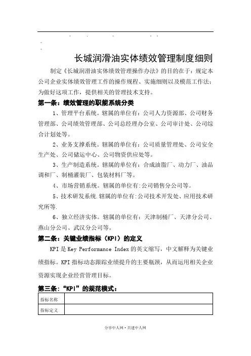 整理精品长城润滑油实体绩效管理制度细则