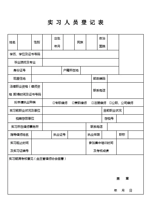 实 习 人 员 登 记 表