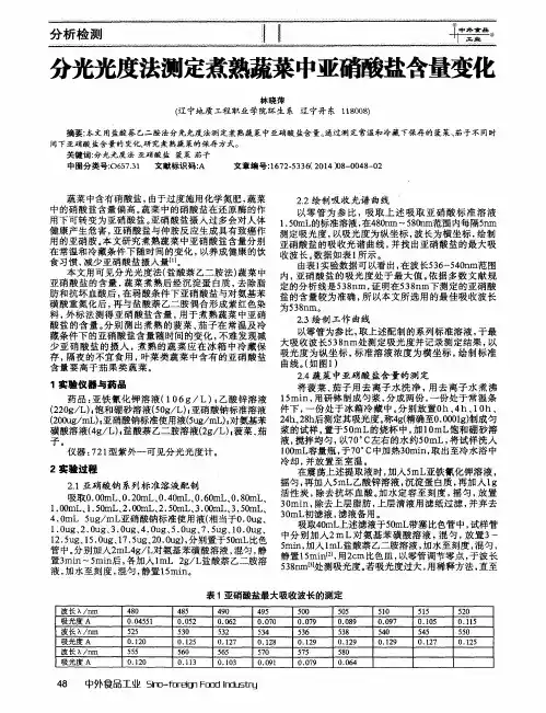分光光度法测定煮熟蔬菜中亚硝酸盐含量变化