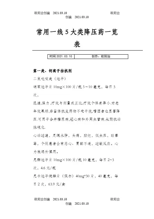 常用一线5大类降压药一览表之欧阳治创编