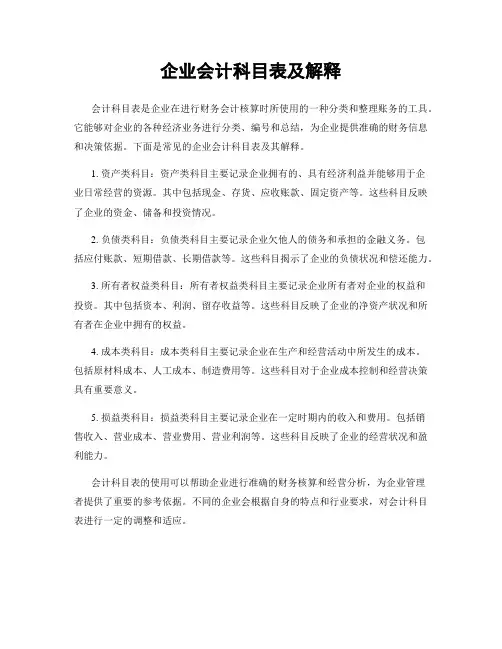 企业会计科目表及解释