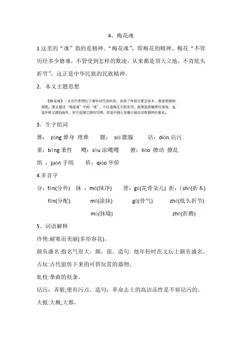 部编版五年级语文下册4梅花魂知识点总结