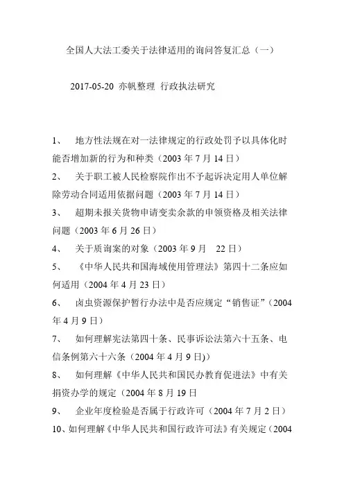 全国人大法工委关于法律适用的询问答复汇总(一)