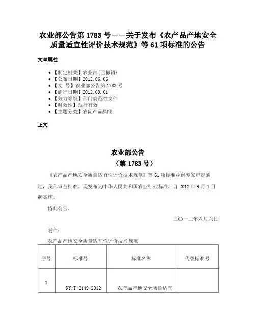 农业部公告第1783号――关于发布《农产品产地安全质量适宜性评价技术规范》等61项标准的公告
