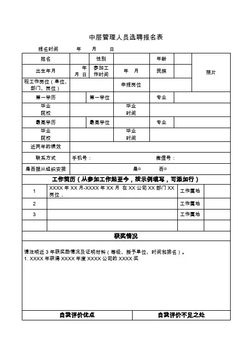 中层管理人员选聘报名表