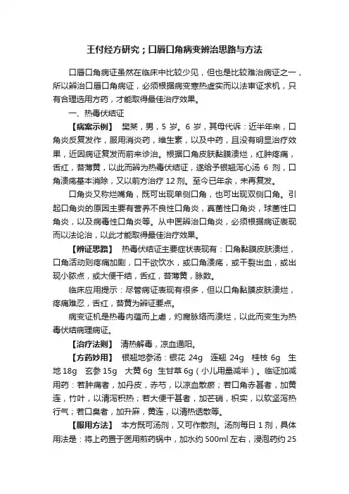 王付经方研究；口唇口角病变辨治思路与方法