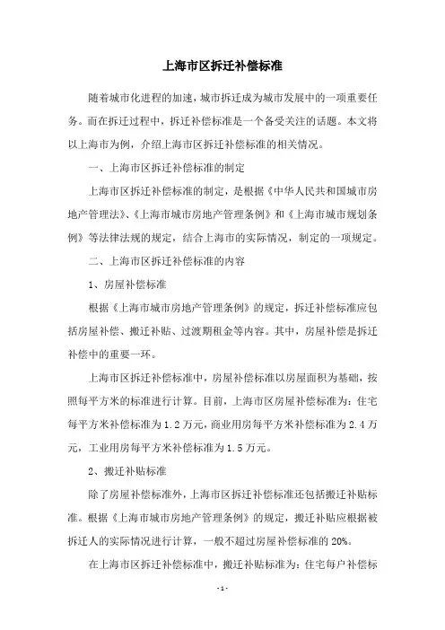 上海市区拆迁补偿标准