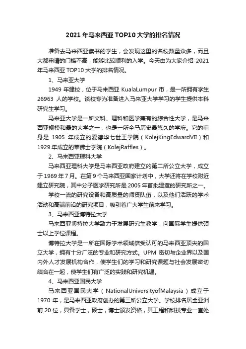 2021年马来西亚TOP10大学的排名情况