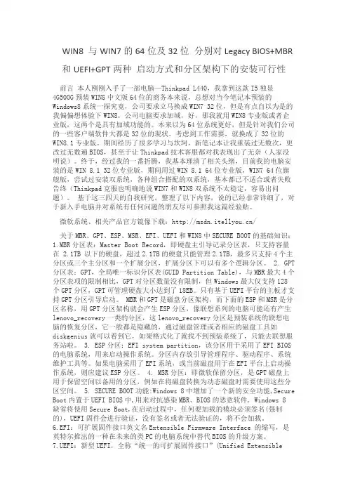 WIN8 与WIN7的64位及32位 分别对Legacy BIOS+MBR和UEFI+GPT两种 启动方式和分区架构下的安装可行性