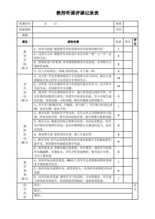 教师听课评课记录表