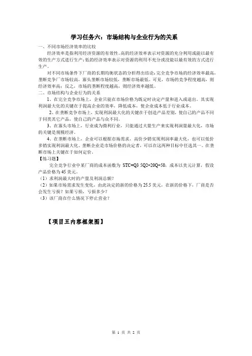 经济学基础 项目五 洞悉市场结构与厂商均衡学习 学习任务六：市场结构与企业行为的关系