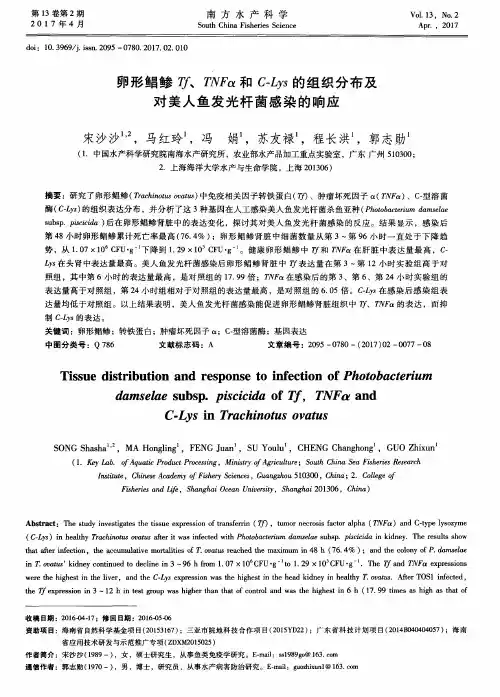 卵形鲳鲹Tf、TNFα和C-Lys的组织分布及对美人鱼发光杆菌感染的响应