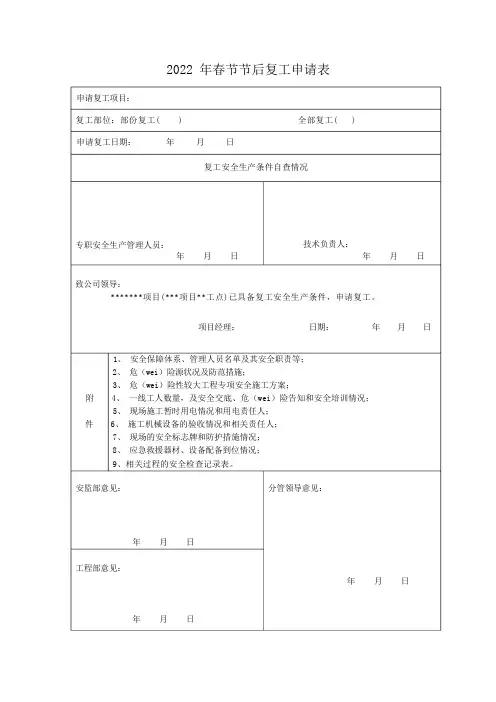XXX建设项目-节假日项目复工申请表