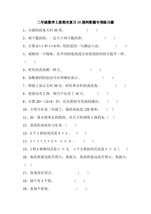 二年级数学上册期末复习20道判断题专项练习题