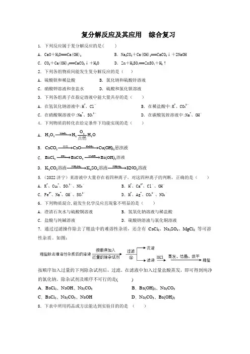 2023年中考化学复分解反应及其应用综合复习