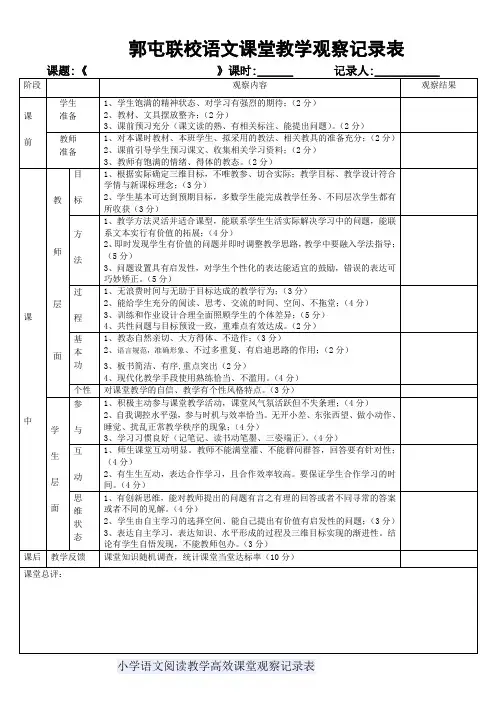 小学语文学科课堂观察记录表