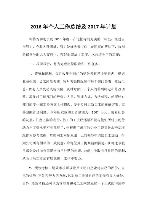 2016年个人工作总结及2017年工作计划