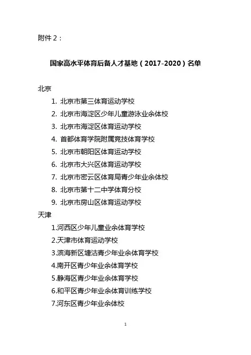 国家高水平体育后备人才基地(2017-2020)名单