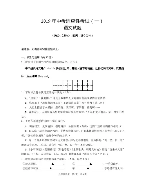 2019年中考适应性考试语文九年级适应性试卷