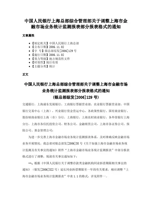 中国人民银行上海总部综合管理部关于调整上海市金融市场业务统计监测报表部分报表格式的通知