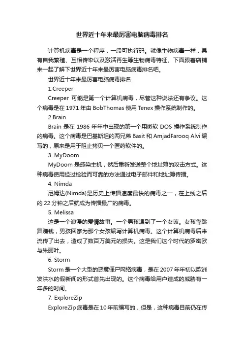 世界近十年来最厉害电脑病毒排名