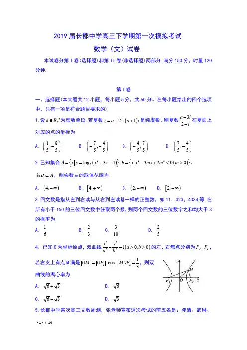 2019届长郡中学高三下学期第一次模拟考试数学(文)试卷及答案