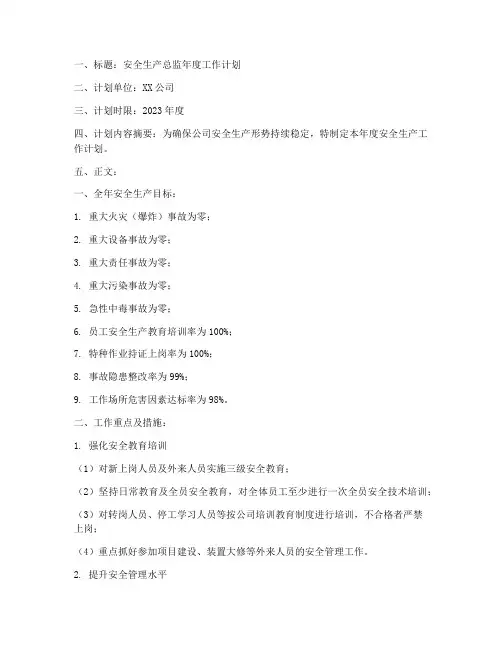 安全生产总监年度工作计划