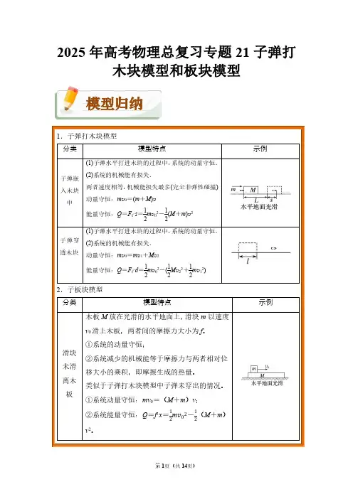 2025年高考物理总复习专题21 子弹打木块模型和板块模型(附答案解析)