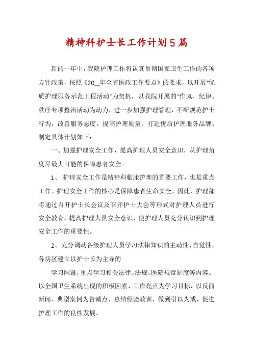 精神科护士长工作计划5篇