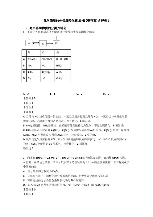 化学物质的分类及转化题20套(带答案)含解析1