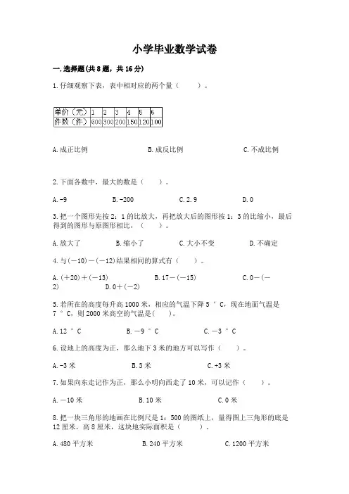 小学毕业数学试卷及参考答案(模拟题)