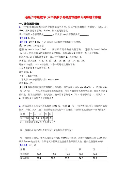 最新六年级数学-六年级数学易错题难题综合训练题含答案