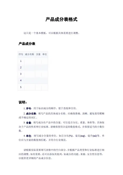 产品成分表格式