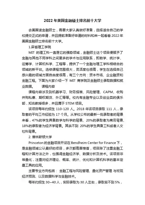 2022年美国金融硕士排名前十大学