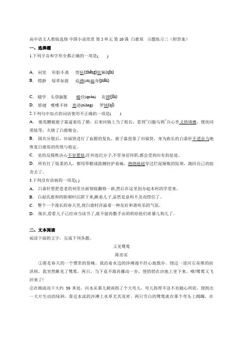 第10课  白鹿原(习题练习三)人教版高中语文选修中国小说欣赏第5单元