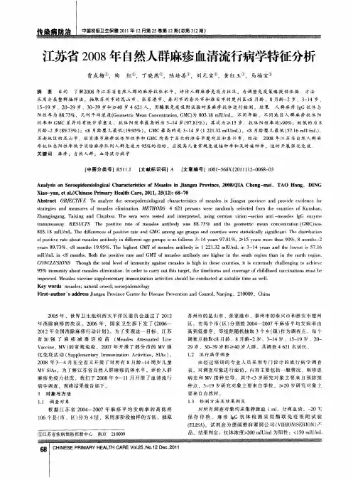 江苏省2008年自然人群麻疹血清流行病学特征分析