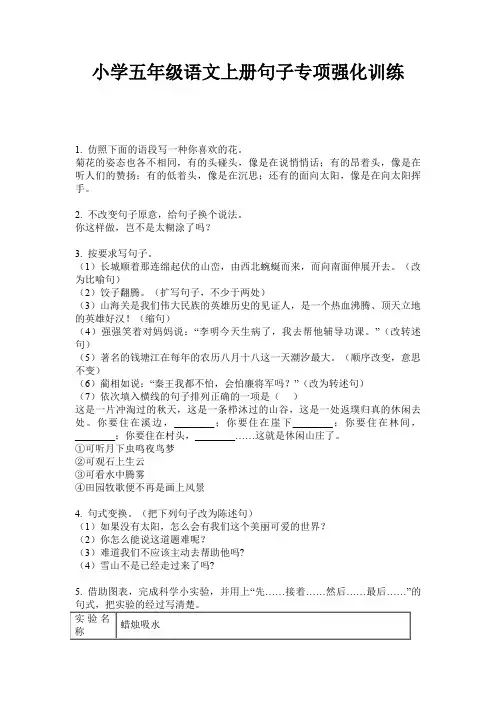 小学五年级语文上册句子专项强化训练