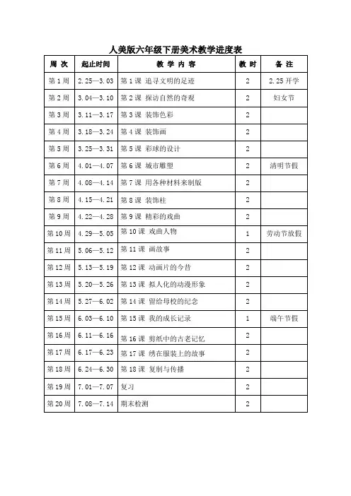 人美版六年级下册美术教学进度表