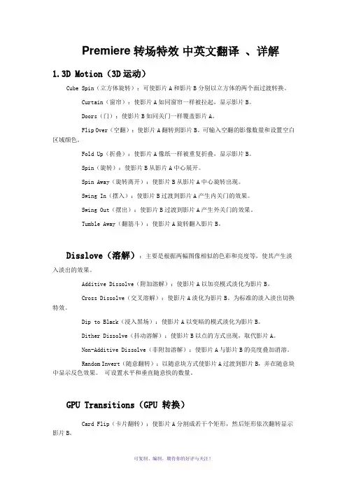 Premiere转场特效中英文翻译、详解