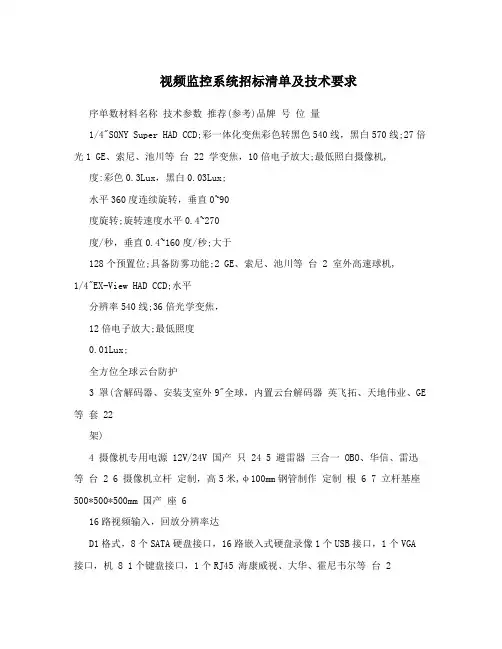 视频监控系统招标清单及技术要求