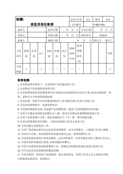 质监员岗位职责