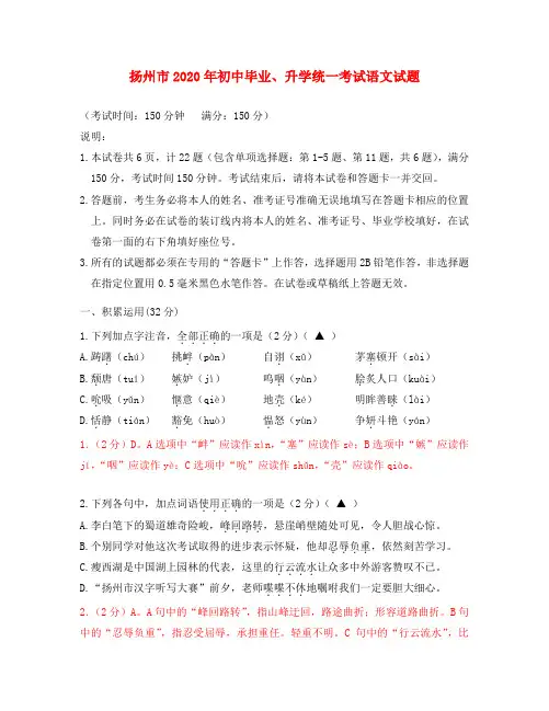 江苏省扬州市2020年中考语文真题试题(含解析)
