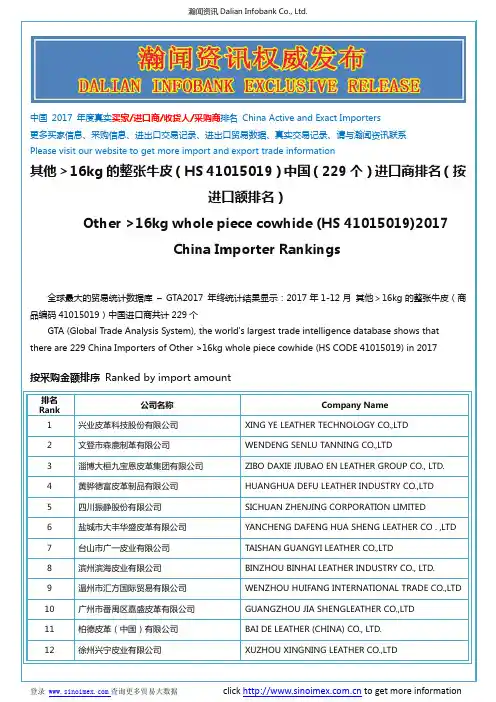 其他＞16kg的整张牛皮(HS 41015019)2017 中国(229个)进口商排名(按进口额排名)