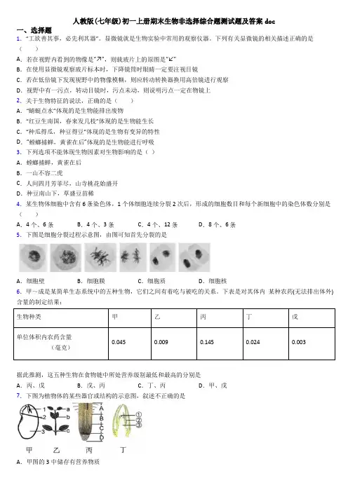 人教版(七年级)初一上册期末生物非选择综合题测试题及答案doc