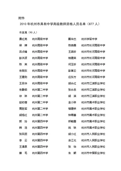2010年杭州市具有中学高级教师资格人员名单(877人)
