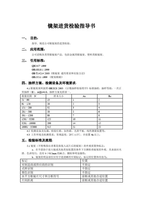眼镜镜架进货检验指导书