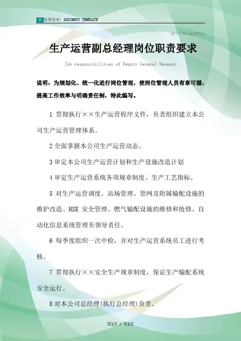 生产运营副总经理岗位职责要求范本