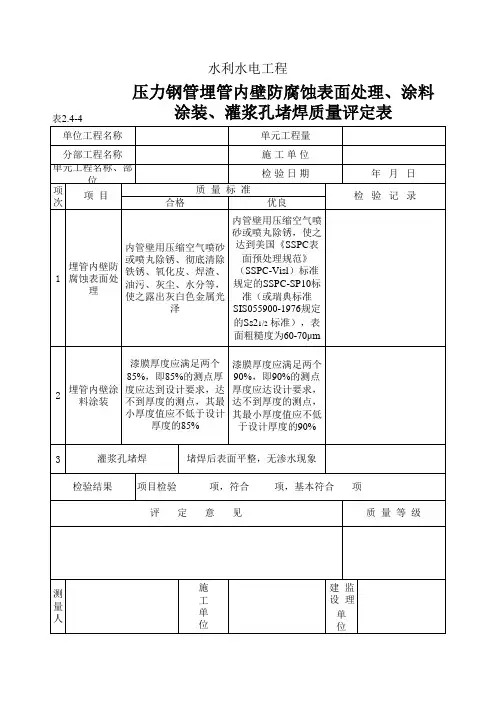 压力钢管埋管内壁防腐蚀表面处理、涂料涂装、灌浆孔堵焊质量评定表示